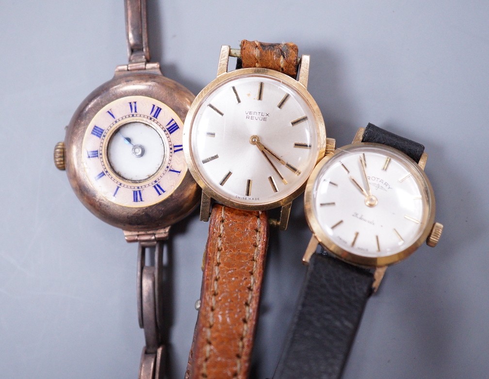 Three assorted lady's 9ct gold manual wind wrist watches, including a Vertex Revue and Rotary on leather straps and half hunter on damaged 9ct bracelet.